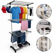 Varal De Chão 3 Andares Grande de Roupas Dobrável Regulável Retrátil com Rodinhas e Ganchos Compacto Varal De Chão 3 Andares Grande de Roupas Dobrável Regulável Retrátil com Rodinhas e Ganchos Compacto