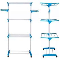 Varal de Chão 3 Andares Retrátil Dobrável Aço Inox com Rodas