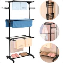 Varal De Chão 3 Andares Roupa Calcinha Dobrável Grade Reforçado com 4 Rodas Portátil e Compacto COR:Preto
