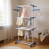 Varal de Chão 3 Andares Vertical Reforçado com Rodinhas Grande Retrátil para Apartamento Roupa Slim Dobrável Aço Portátil Suporta 25kg Azul e Branco