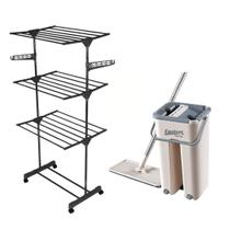 Varal de Chão Desmontável 3 Andares e Mop Flat Esfregão Rodo E Balde Multiuso 2 Refil Fasterr Varal de Chão Desmontável 3 Andares e Mop Flat Esfregão Rodo E Balde Multiuso 2 Refil Fasterr