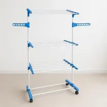 Varal de Chão Dobrável 3 Andares Azul com Rodinhas e Suporte para Cabides Day Luna Original Simples Organização