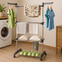 Varal de Chão Dobrável 3 Andares Bandejas Cabideiro Portátil Compacto Apartamento Area Serviço Rodizio Prateleiras