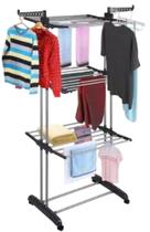 Varal de Chão Dobrável 3 Andares com Rodinhas 360, com Travas, 6 Prateleiras Reguláveis, Abas para Cabides, Não enferru