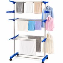 Varal de Chão Dobrável 3 Andares com Rodinhas, Abas para Cabides, Estrutura em Aço Inox, Grande Capacidade para Secar Roupas Varal de Chão Dobrável 3 Andares com Rodinhas, Abas para Cabides, Estrutura em Aço Inox, Grande Capacidade para Secar Roupas