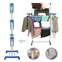 Varal de Chão Dobrável 3 Andares com Rodinhas Azul Claro Day Luna Portátil Prático para Apartamento Casa