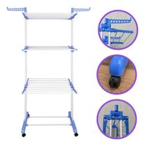 Varal de Chão Dobrável 3 Andares Grande com Rodinhas e Suporte para Cabides Portátil Metal Azul Organizador Estender Roupas Organização