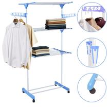 Varal de Chão Dobrável 3 Andares Multi Nível com Rodinhas Portátil Inox Branco para Roupas Apartamento Lavanderia