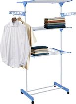 Varal De Chão Dobrável com Rodinhas 3 Prateleiras Sapateira e Abas Para Cabides Até 30 Kg