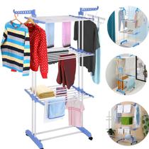 Varal De Chão Portátil Rodinha Prateleira Com Cabideiro De Aço Apartamento Casa