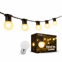 Varal de Luzes 10 Metros com 10 Lâmpadas LED Amarelas ou Brancas Externo Prova Água Preto Evento Quintal Varanda