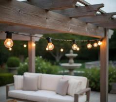 Varal de Luzes 15 Metros Com Lâmpadas Amarelas Inclusas Externo Evento Prova Água Preto Casamento Restaurante Varanda Quintal