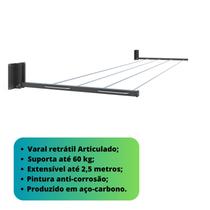 Varal de Parede Retrátil 60 kg Aço Carbono Resistente Extensível até 2,5m 38 cm