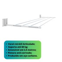 Varal de Parede Retrátil 60 kg Aço Carbono Resistente Extensível até 2,5m 38 cm Branco