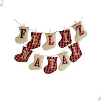 Varal Decorativo Cordão Faixa Enfeite Feliz Natal Botas Cru E Xadrez Com Prendedor