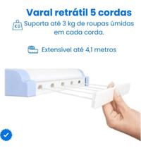 Varal Inteligente Rotoflex Secalux Recolhível Parede Casa Lavanderia Quintal 5 Cordas 4,10M Resistente Para Secar Roupas Varal Inteligente Rotoflex Secalux Recolhível Parede Casa Lavanderia Quintal 5 Cordas 4,10M Resistente Para Secar Roupas