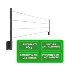 Varal Retrátil 2,5m Preto - Suporte para Roupas 40kg