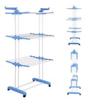 Varal Roupas Pik Tik Retrátil 3 Andares Aço Dobrável 4 Rodas Apartamento Chão Branco e AzulVaral Roupas Pik Tik Retrátil 3 Andares Aço Dobrável 4 Roda