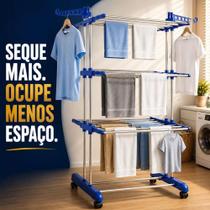 Varal Torre 3 Andares Retrátil Dobrável Inox com Rodinhas Praticidade e Organização para sua casa