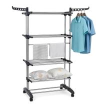 Varal Vertical de Chão 3 Andares Ajustáveis Dobrável Multiuso com Rodinhas 360 Cabideiro