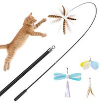 Varinha retrátil de penas naturais Cat Toy Huahpet de 1,5 m com teasers