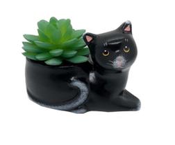 Vasinho Cachepot Gato Deitado Cor Preto Suculenta