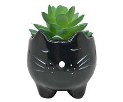 Vasinho De Ceramica Gato Bigode Preto Para Suculenta E Flor