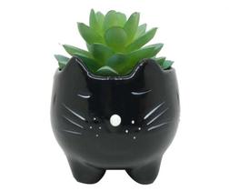 Vasinho De Ceramica Gato Bigode Preto Para Suculenta E Flor - Decore Casa