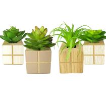 Vasinho Quadrado de Madeira com Mini Suculenta Artificial