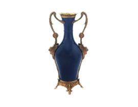 Vaso Ânfora Porcelana Azul Escuro Alças Bronze Base Luxuosa