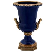 Vaso Ânfora Porcelana Nobre Azul Alças Classica Bronze Luxo