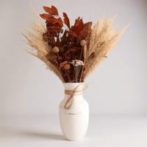 Vaso Branco + Arranjo Buquê Flores Secas com Capim Dos Pampas