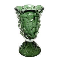 Vaso c Base Murano Italiano Verde Maior Relevos Lapidados