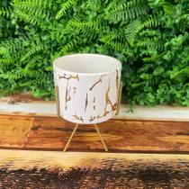 Vaso Cachepô de Ceramica com Suporte Dourado Decorativo Branco