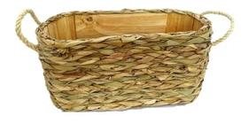 Vaso Cachepô Madeira Palha Com Alça Oval Rustico 33x16x15 Vaso Cachepô Madeira Palha Com Alça Oval Rustico 33x16x15