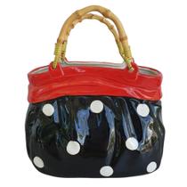 Vaso Cachepot Bolsa Cerâmica Retrô Alças Bambu 22x22x13cm.