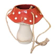Vaso Cachepot Cerâmica Pendurar Cogumelo com Corda 16,6cm