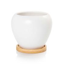 Vaso Cachepot com Prato de Bambu Branco Fosco Doha Pozzani