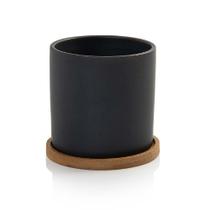 Vaso Cachepot com Prato de Bambu Cinza Fosco M Cube Pozzani