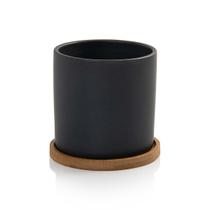 Vaso Cachepot com Prato de Bambu Cinza Fosco P Cube Pozzani