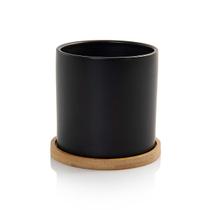 Vaso Cachepot Cube com Prato de Bambu Preto Fosco P Cube Pozzani