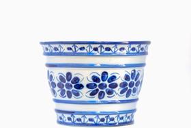 Vaso Cachepot Decorativo em Porcelana Azul e Branca 20 cm - Porcelana Monte Sião