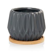 Vaso Cachepot Geometric com Prato de Bambu Cinza Fosco Pozzani