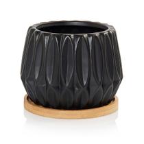 Vaso Cachepot Geometric com Prato de Bambu Preto Fosco Pozzani