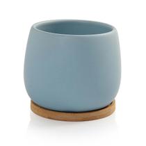 Vaso Cachepot Ibisa com Prato de Bambu Azul Fosco Ibisa Pozzani