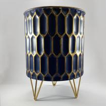 Vaso Cachepot Metal Azul Detalhe Dourado Tamanho Médio