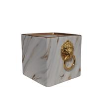 Vaso Cachepot Quadrado Design Marmorizado Alça Leão Dourado Vaso Cachepot Quadrado Design Marmorizado Alça Leão Dourado