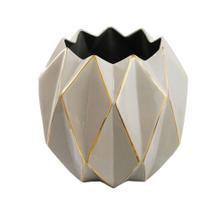 Vaso Cerâmica Bege Geometrico Fio de Ouro Prensado Luxo