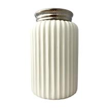 Vaso Cerâmica Branco 21cm Canelado Decorativo Sala Mesa