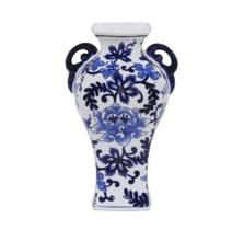 Vaso Cerâmica Branco c Flores Azuis e Alças Acabamento Luxo